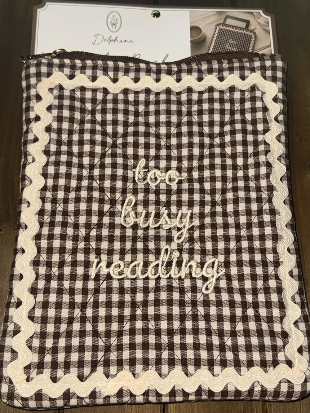 E Reader Pouch Kindle Sleeve Too Busy Reading Gingham Brown